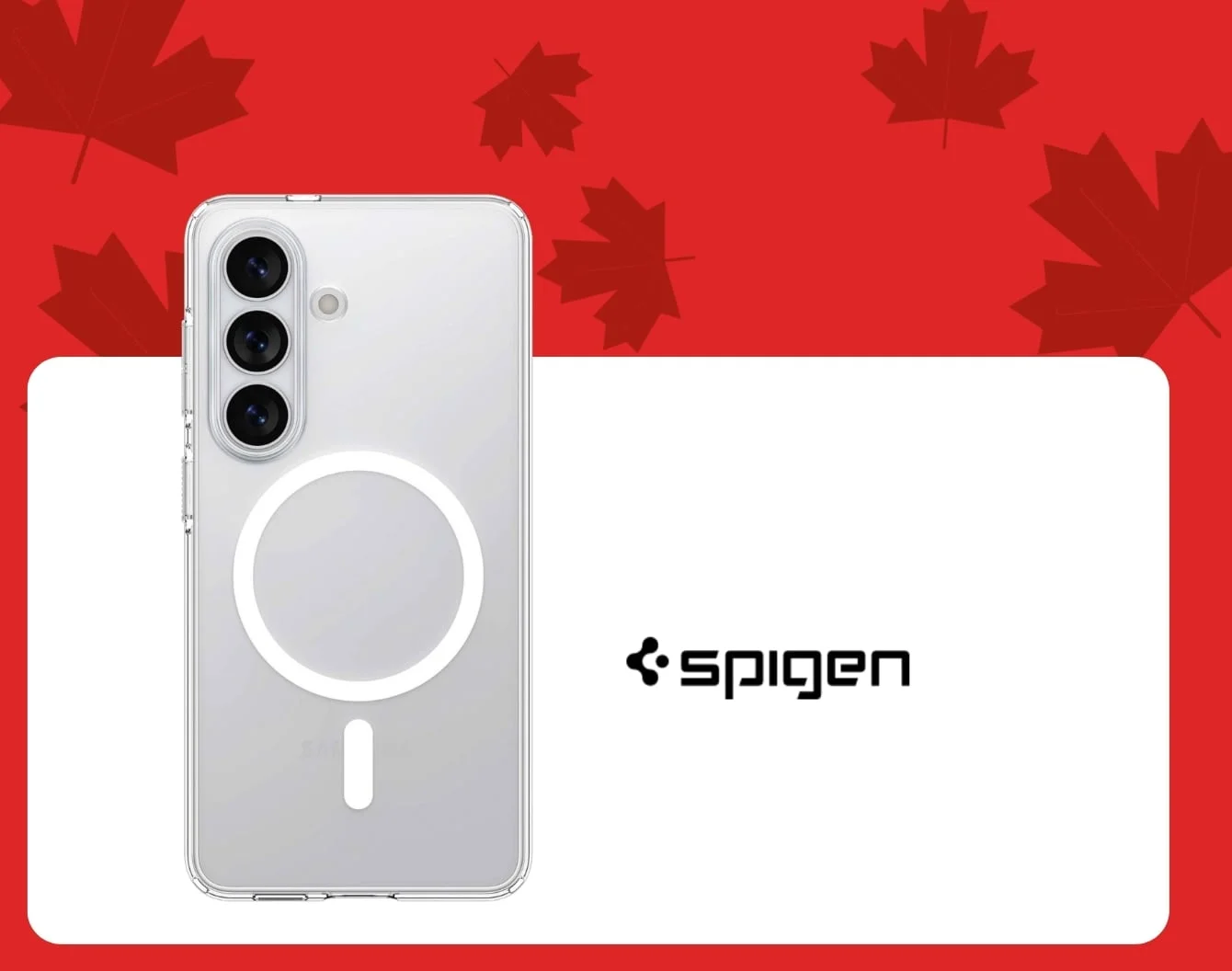 A silver Spigen case inside a white container against a red background covered in dark red maple leaves.