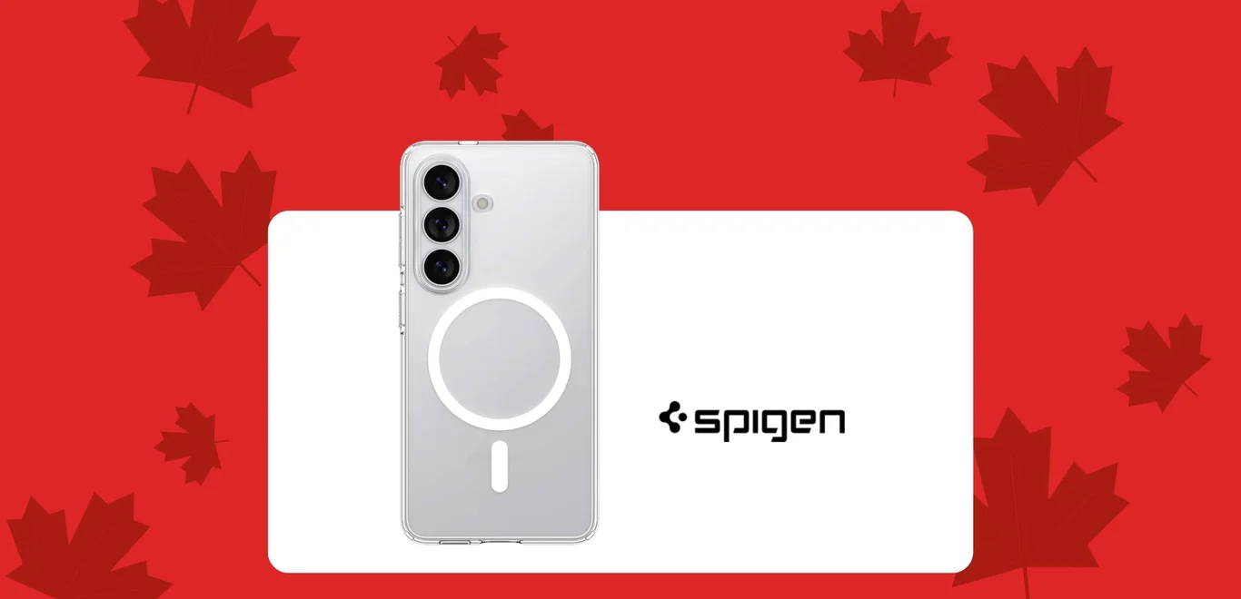 A silver Spigen case inside a white container against a red background covered in dark red maple leaves.